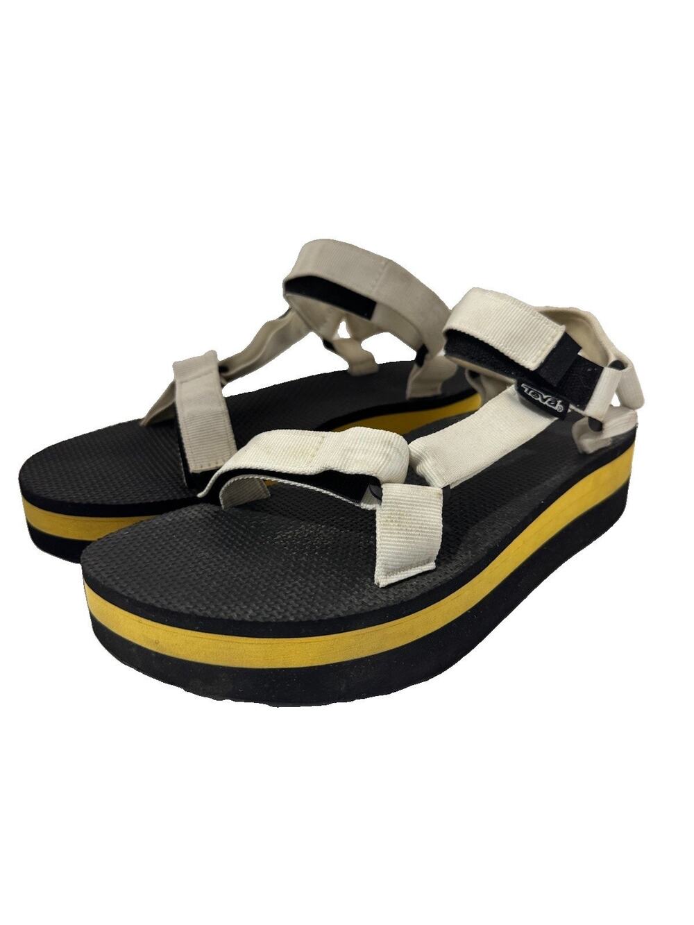 Teva Flatform Universal Platform Sandals Black White Yellow Striped Size 10